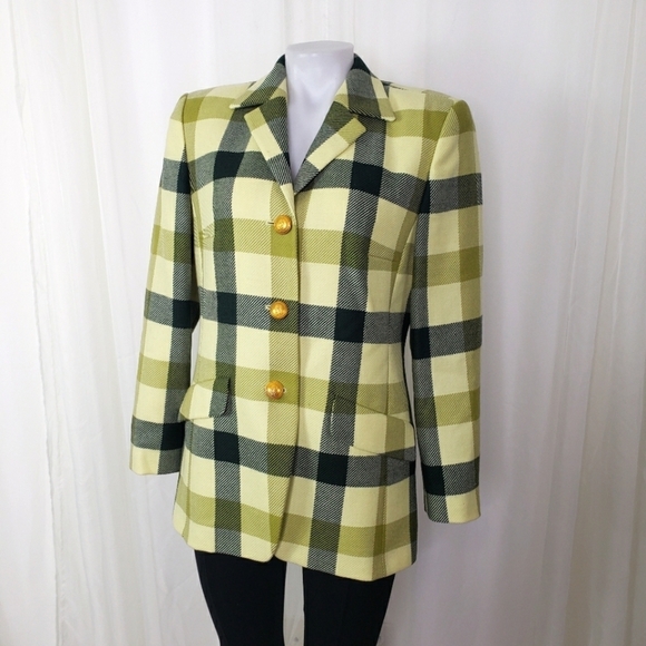 Mondi yellow black plaid wool blazer jacket novelty button size medium - Picture 1 of 8